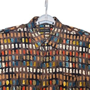 Riscatto Mens Large Short Sleeve Button Down Shirt Rayon Linen Abstract Brown